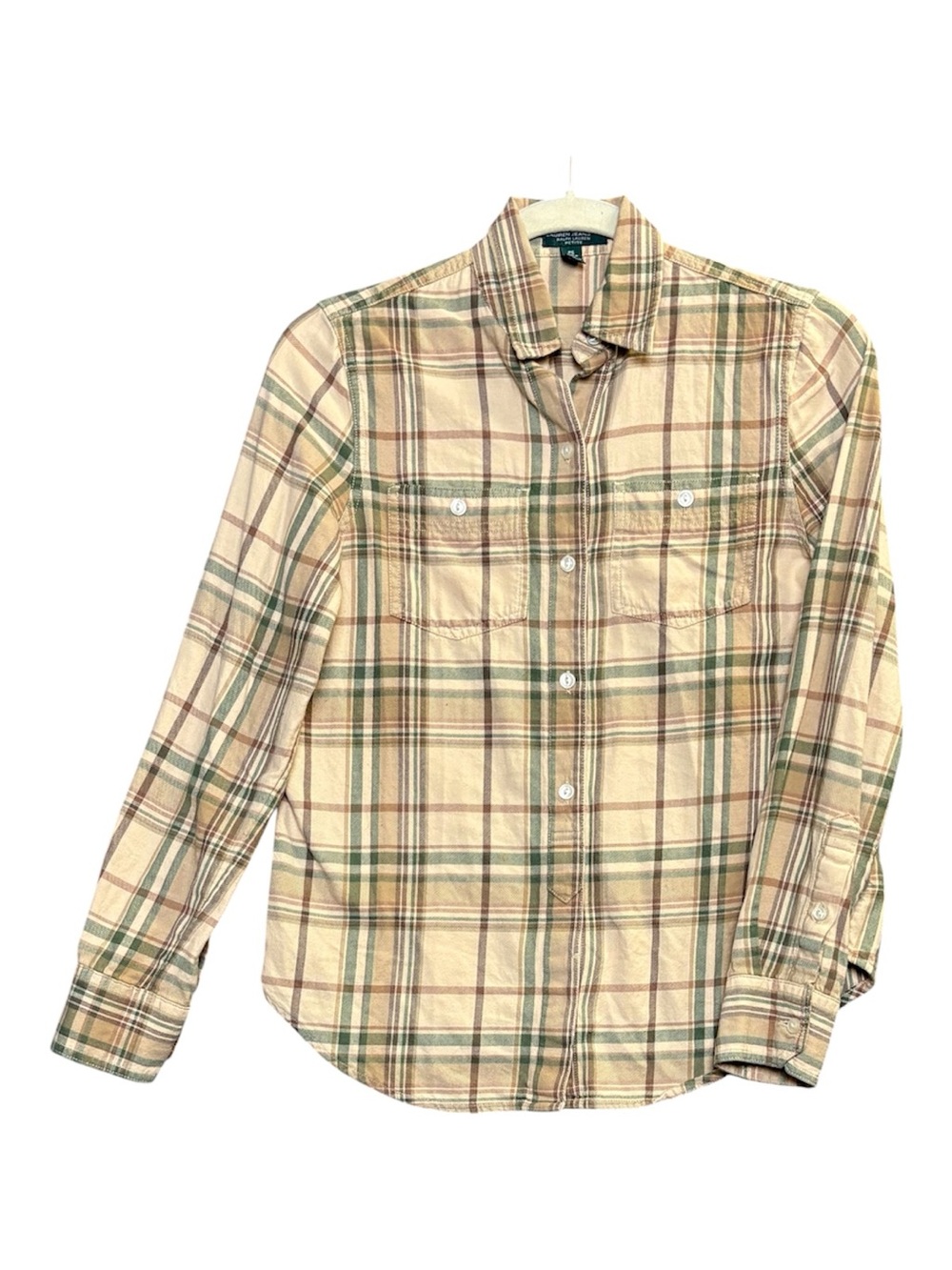 LRL Lauren Jeans Co. Petite Brown Green Plaid Flannel Cotton Button Up Sz PS